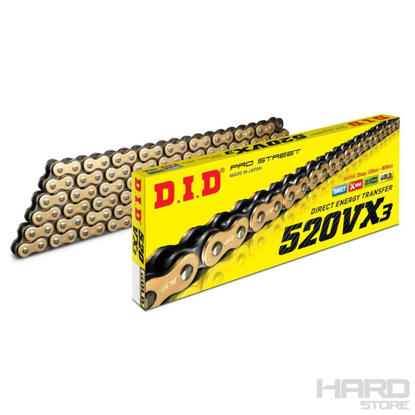 Cadena moto 520 VX3 - 120GJP CON  X ORING DORADA / DID